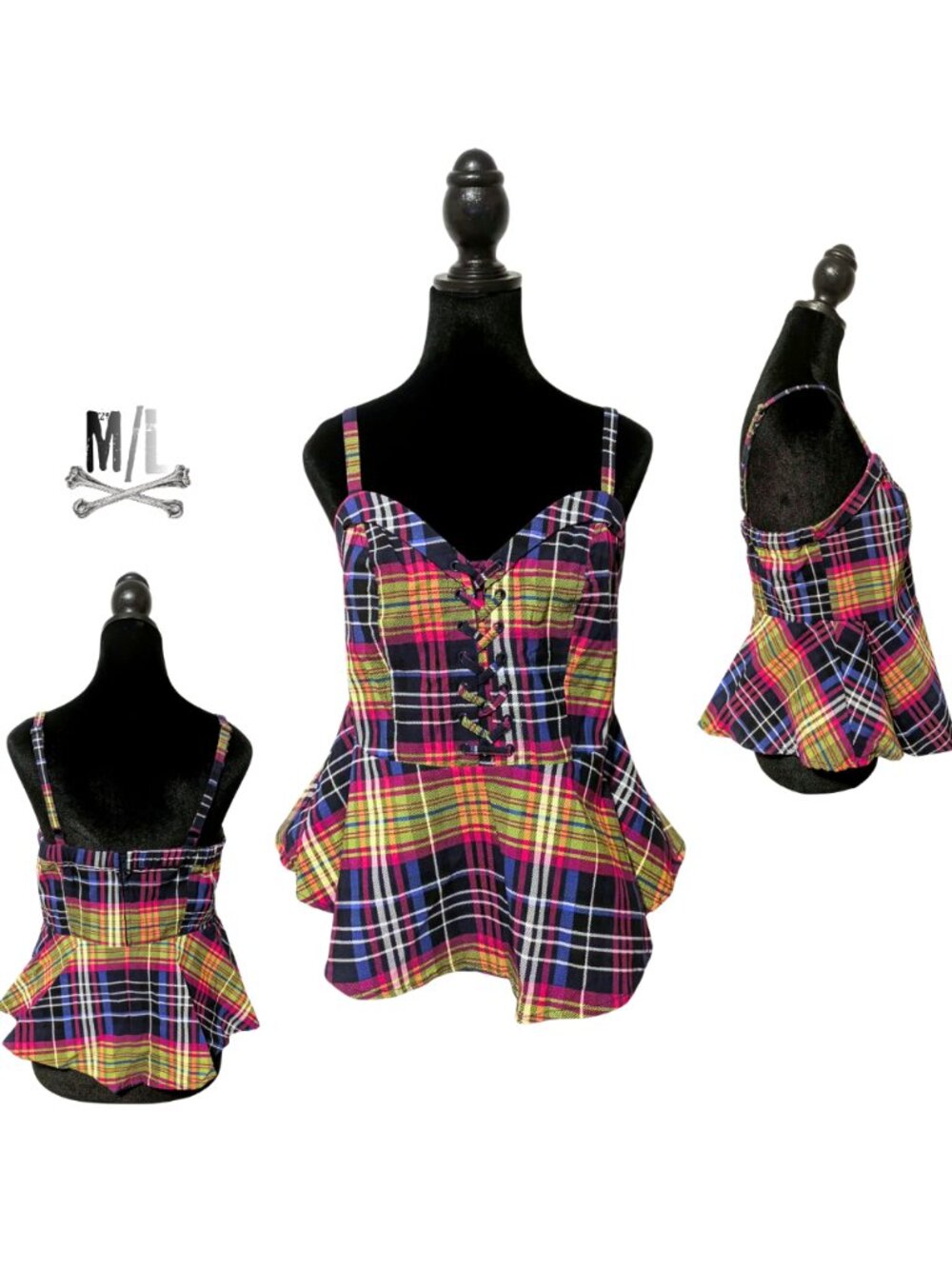 Torrid Plaid Corset Peplum Top Lace Up Bustier Size 00 Punk Grunge Y2K Alt